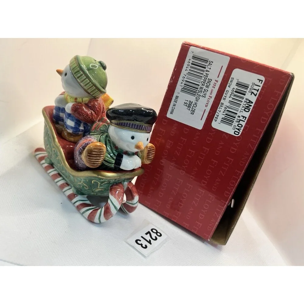 Fitz and Floyd Snow Guys Salt and Pepper Shaker in box one chip holiday xmas